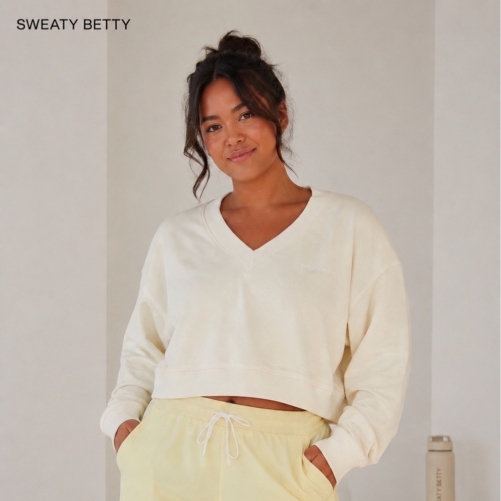 Sweaty Betty Revive Crop V‎ Neck Sweatshirt Organic Cotton Lily White L/XXL NWT